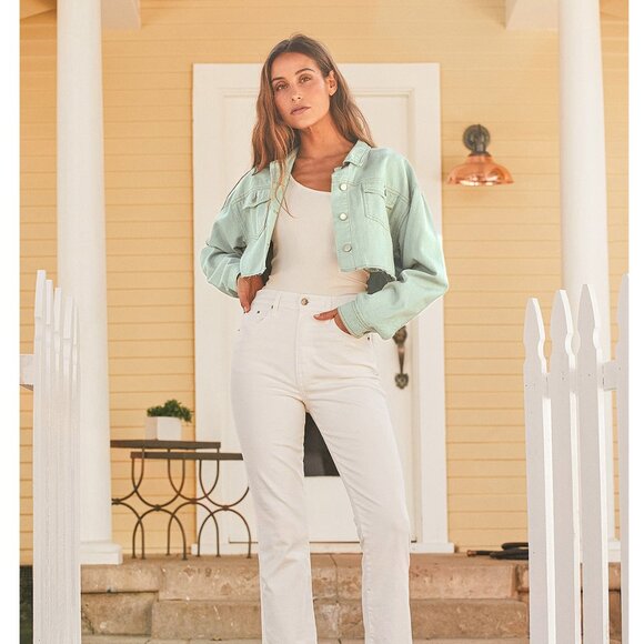 Lulu's | Palling Around Sage Green Cropped Denim Jacket L - Picture 2 of 7